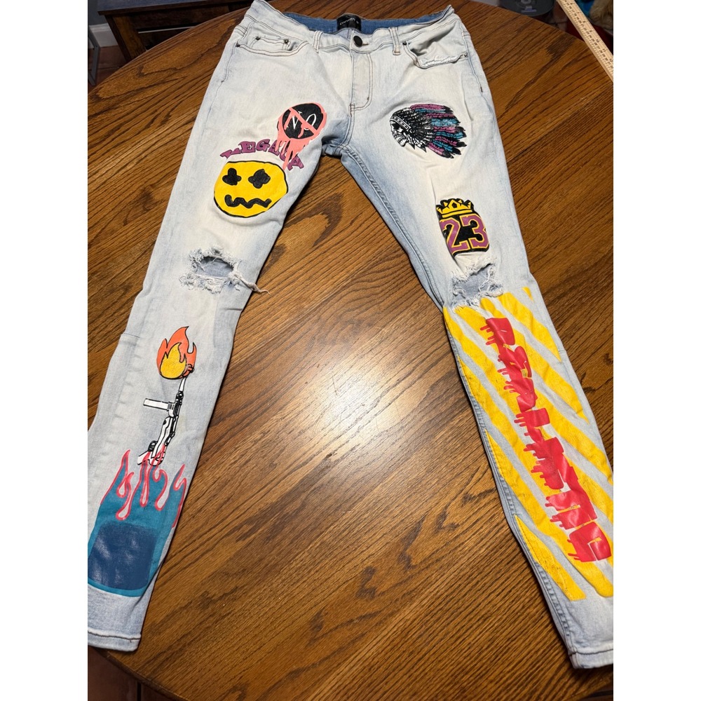 Cooper 9 Los Angeles Mens 34 Light Wash Graphic Distressed Streetwear Jeans